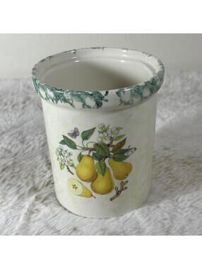 Vintage Himark Italy Pear Utensil Holder Crock Green Sponge Rim